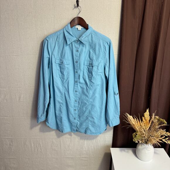 Coldwater Creek Shirt Size L 14 16 Blue Linen Blend Button Up Adjustable Sleeves - Picture 1 of 12